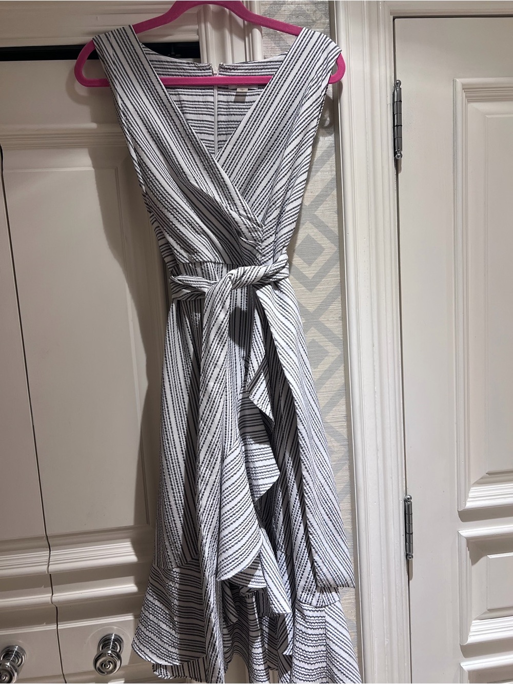 Calvin Klein White and Black Striped V-Neck Tie-Waist High-Low Dress